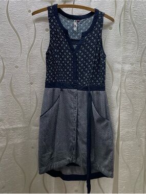 3Stones Mixed Print Sleeveless Dress Womens XS Navy Blue Excellent Boho Pockets